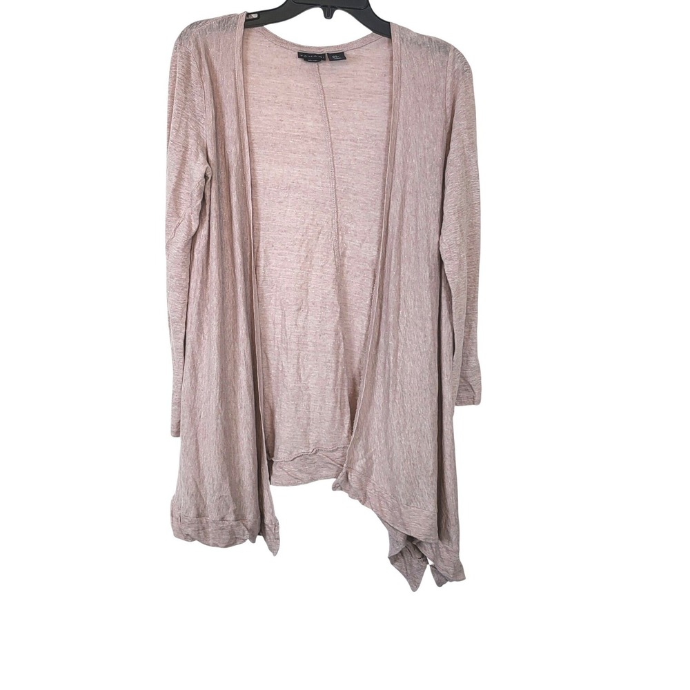 Tahari Women Tan 3/4 Sleeve Boho Open Front Lagenlook Long Linen Cardigan Medium